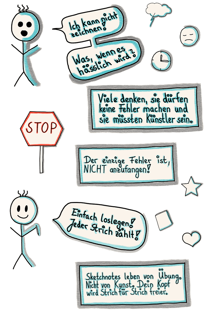 Auf dem Bild ist eine gezeichnete Figur, die sagt: "Ich kann nicht zeichnen! Was wenn es hässlich wird?"
Darunter steht in einem Feld: Viele denken, sie dürfen keine Fehler machen und müssten Künstler sein.
Darunter schräg versetzt ist ein Stop-Schild und daneben ein weiteres Textfeld mit dem Inhalt: Der einzige Fehler ist, NICHT anzufangen!
Darunter ist wieder eine Sketchnote-Figur, die sagt: "Einfach loslegen! Jeder Strich zählt!"
In der Box darunter steht: Sketchnotes leben von Übung. Nicht von Kunst. Dein Kopf wird von Strich zu Strich freier.